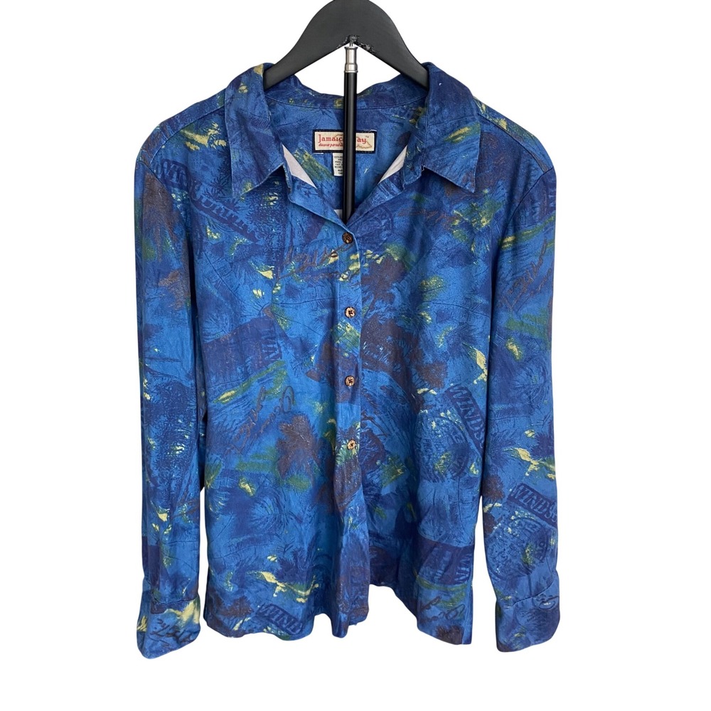 Jamaica Bay Womens Large Blue Tropical Palm Tree Button Up Long Sleeve Shirt